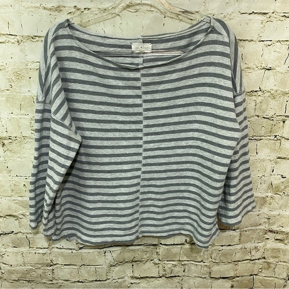 Lou & Grey Tops - Lou & Grey Gray Striped Cotton Boat Neck 3/4 Sleeve Top